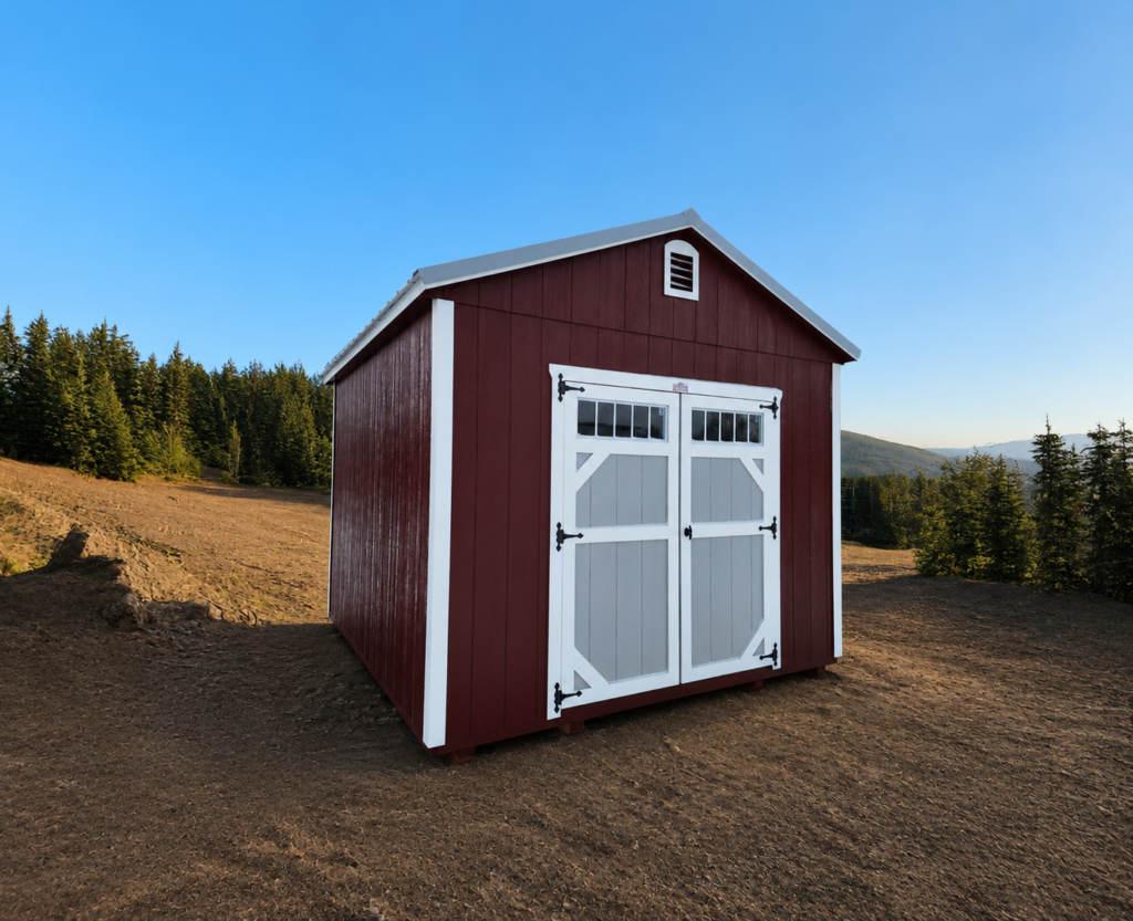 Dark red utility storage shed featuring white trim, windowed double doors, and a grey roof set on a hilltop landscape in Helena, Montana.