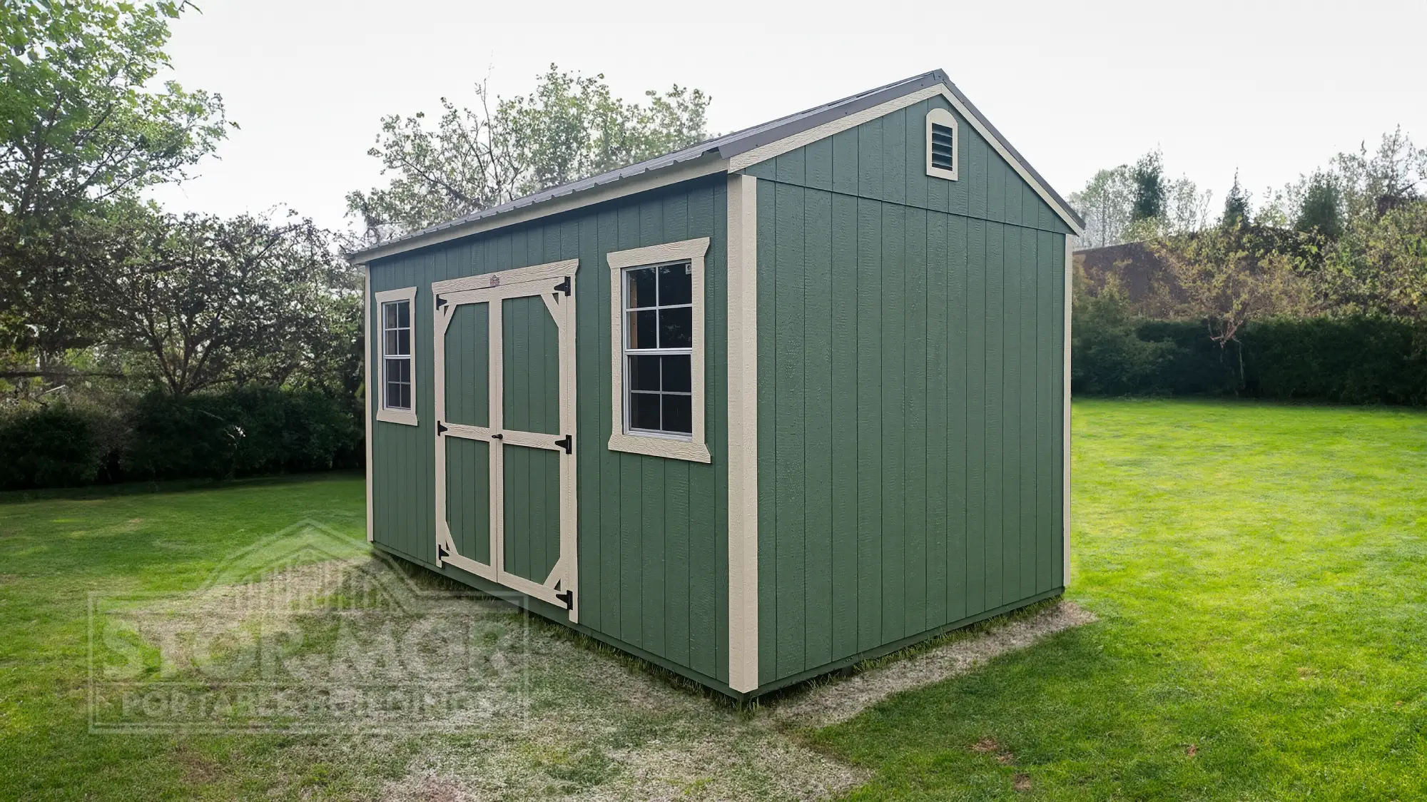 Forest green wooden utility storage shed featuring beige trim, double entry doors, side grid windows, and an gable roof air vent placed on a green lawn in Leesburg, FL.