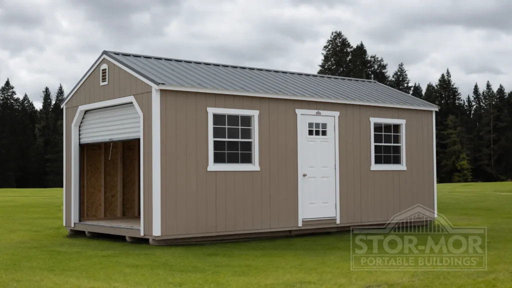 Tan portable garage shed with a white walk-in side door, two windows, and a roll-up vehicle door on a green grass field in Springfield, Missouri.