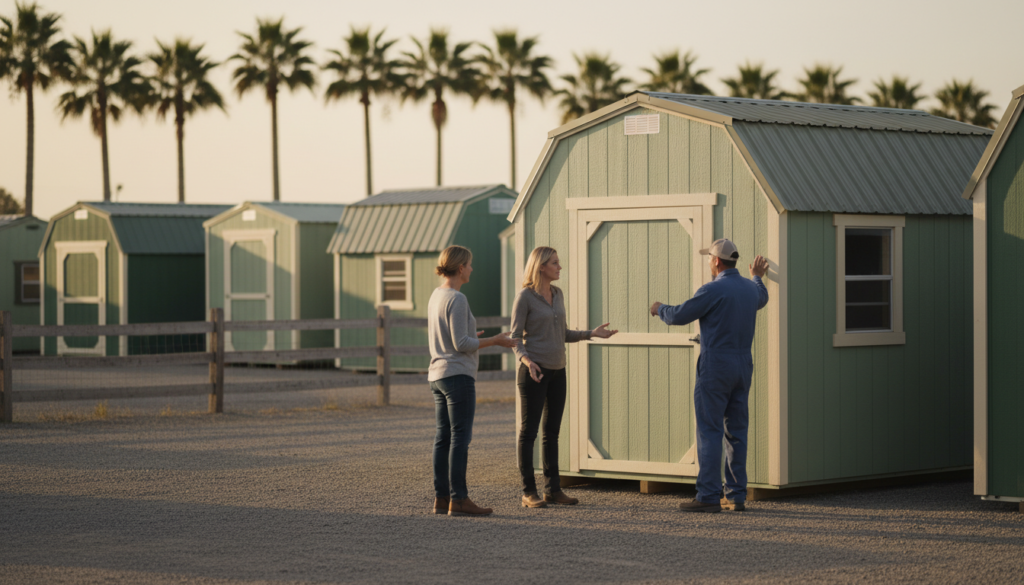 family reviewing premier outdoor structures financing options with a Sandalwood Sheds representative