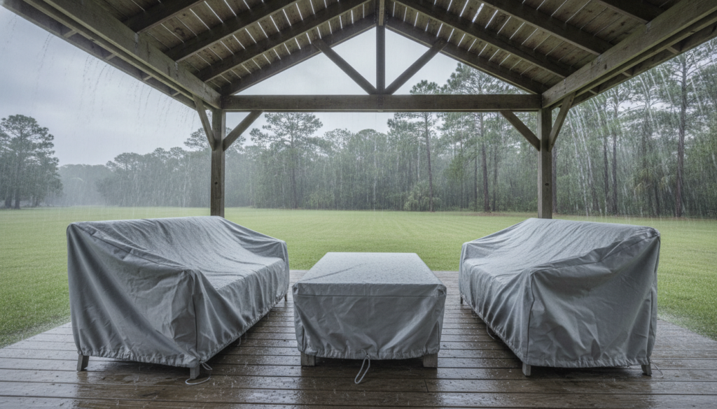 covered carport protecting outdoor patio furniture and cushions from rain
