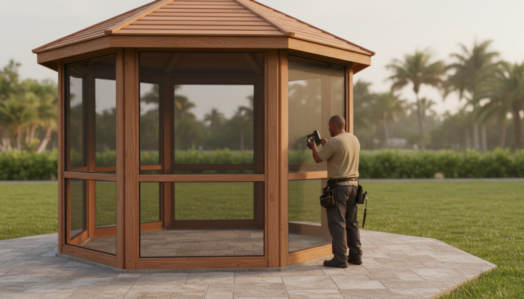 Your Complete 2026 Guide to Backyard Outdoor Pergolas and Gazebos 2 wood-framed gazebo with screened sides on a Florida patio