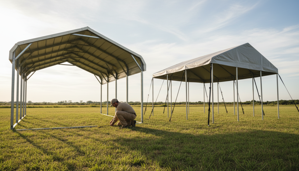 Best Car Canopy Options for Protecting Your Vehicle in 2026 2 side-by-side comparison of a fabric car canopy and a steel metal carport