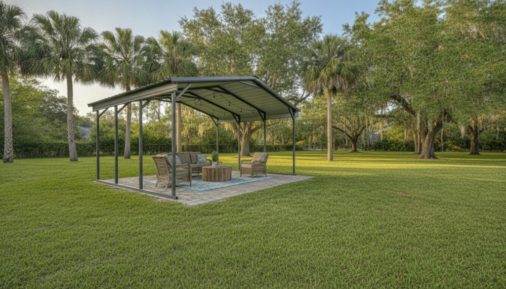 Finding the Right Patio Builders for Your Central Florida Backyard 2 custom vertical-roof carport used as a covered patio in a Florida backyard