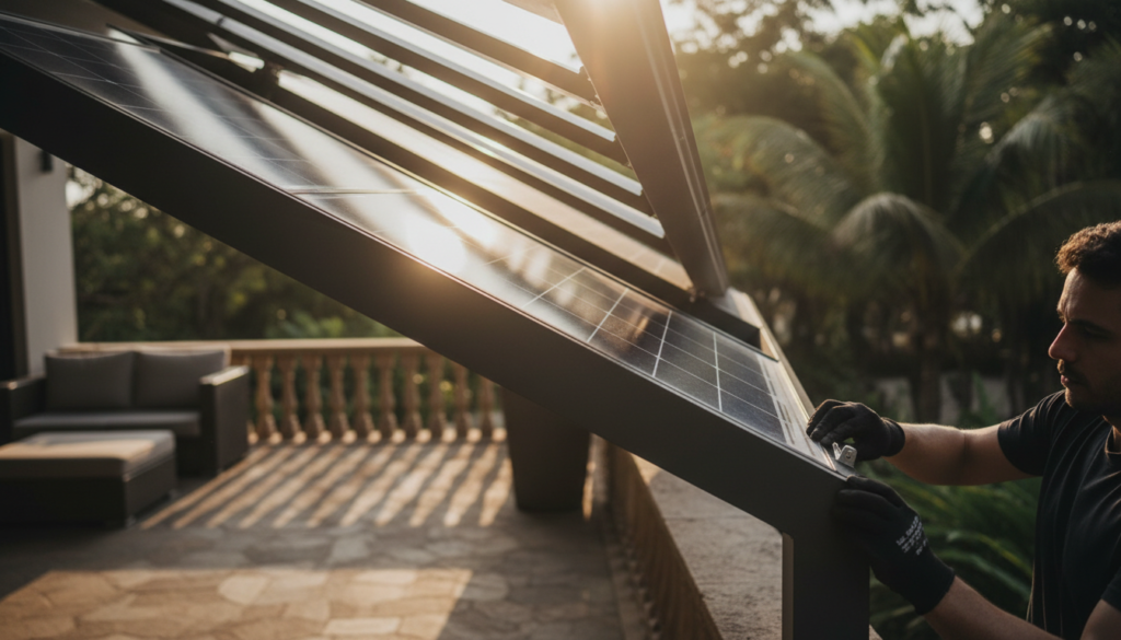 Your Complete Guide to Building a Pergola in Florida 2 motorized pergola with solar panels over a patio