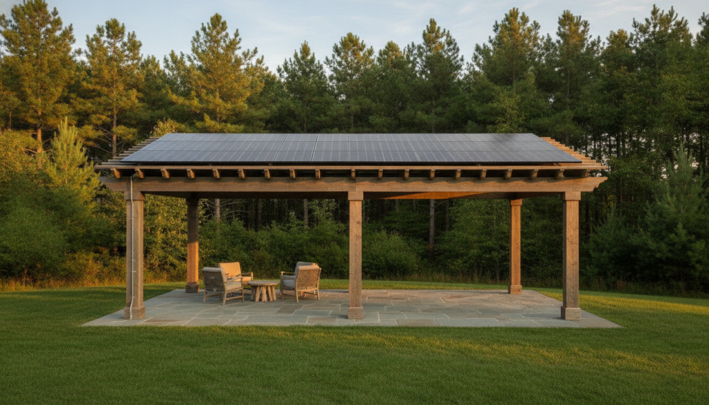 Solar Pergolas for Your Backyard: 2026 Power & Shade Guide 1 pergola with solar panels installed over a backyard patio in Ocala Florida