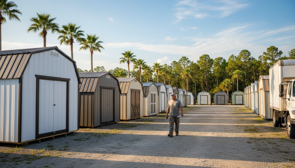 rows of storage sheds and lofted barns at a shed lots near me dealer yard in Florida