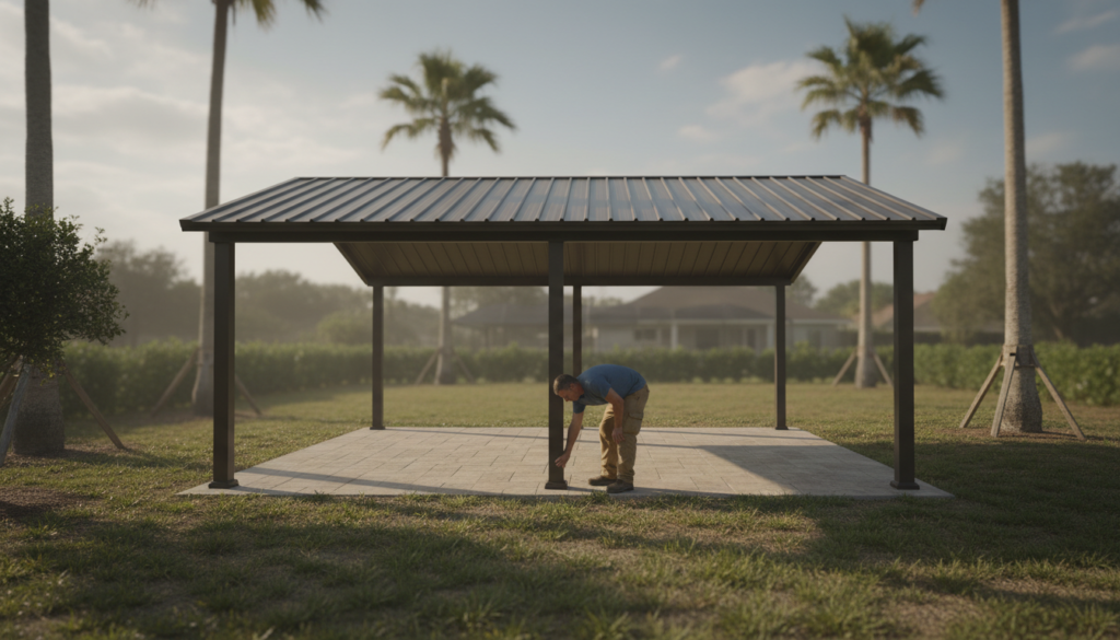 Choosing a Metal Outdoor Pergola for Florida Backyards 1 metal outdoor pergola with a solid roof over a backyard patio in Florida