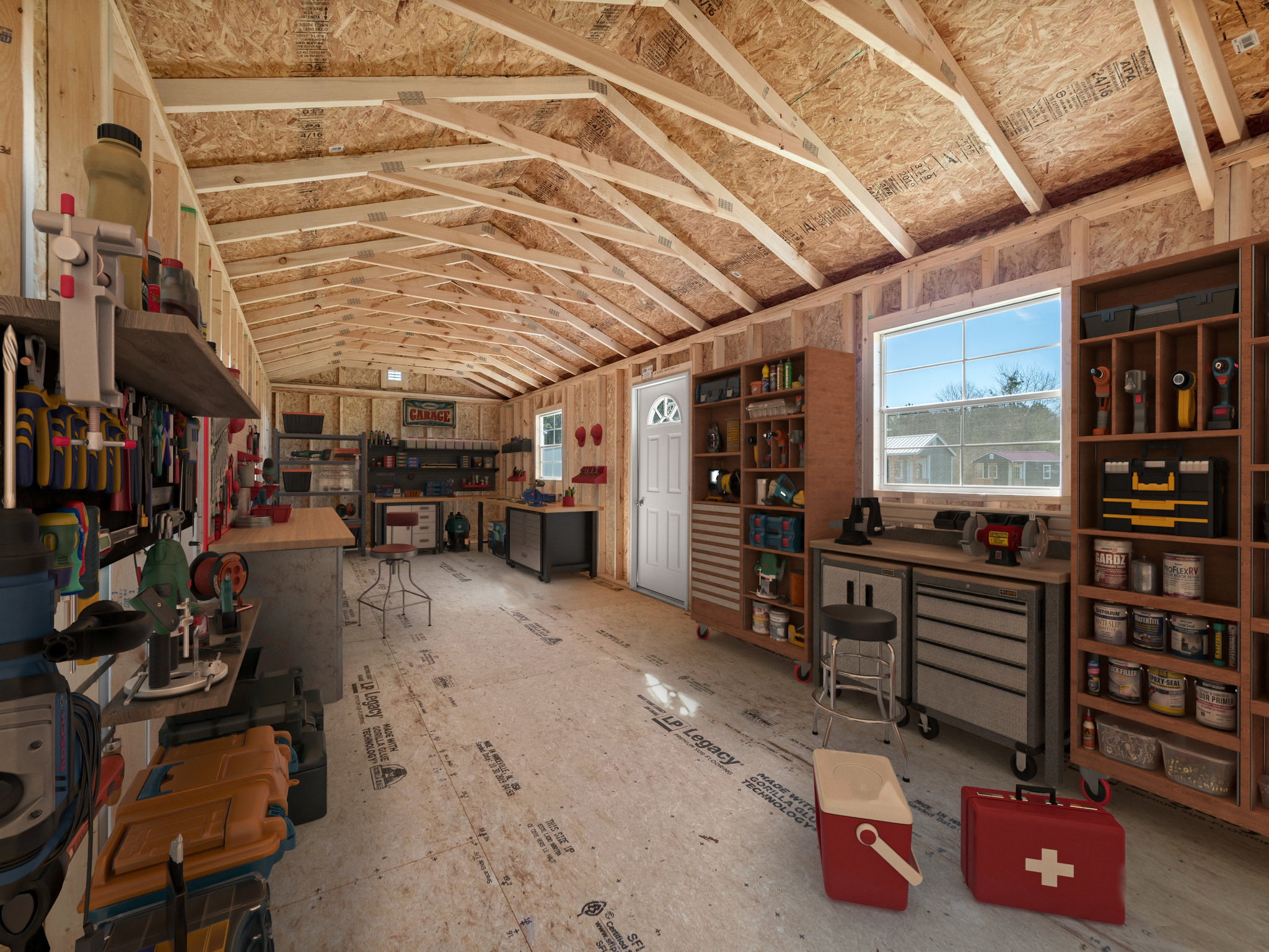 Interior view of a spacious custom workshop shed with wooden rafters, workbenches, organized shelving units, and tools in Gainesville, FL.