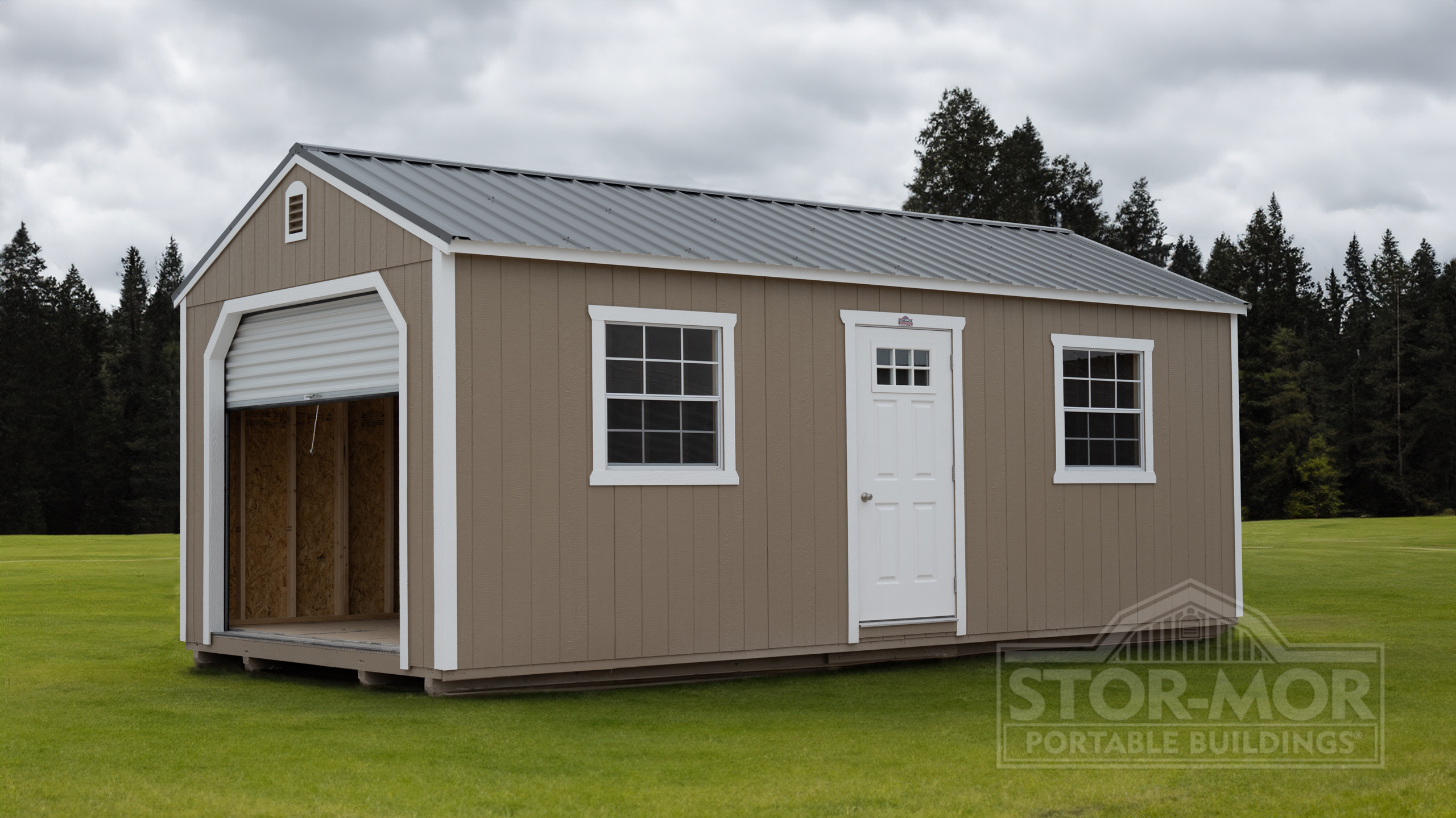 Tan portable garage shed with a roll-up vehicle door, white walk-in side door, two windows, and a metal roof in Toledo, Ohio.