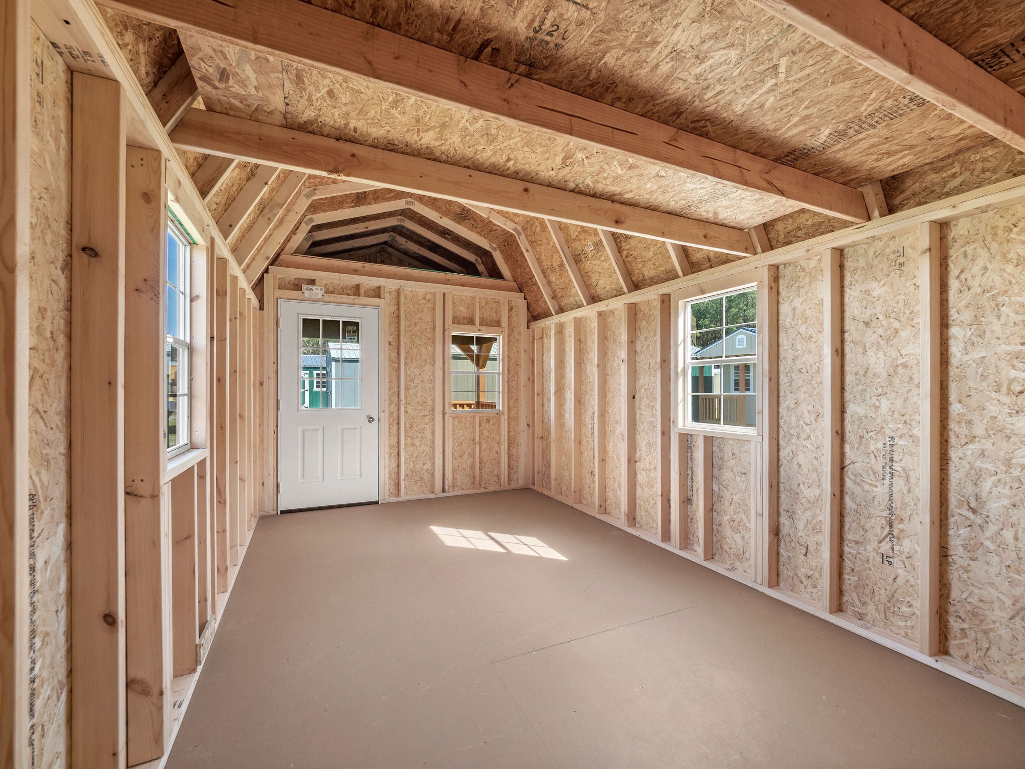 Empty cabin interior with wooden framing