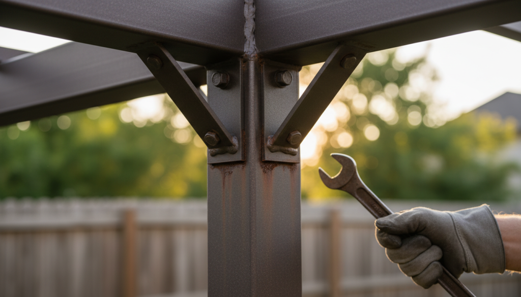 Choosing a Metal Outdoor Pergola for Florida Backyards 3 close-up of a metal outdoor pergola frame joint with powder-coated finish