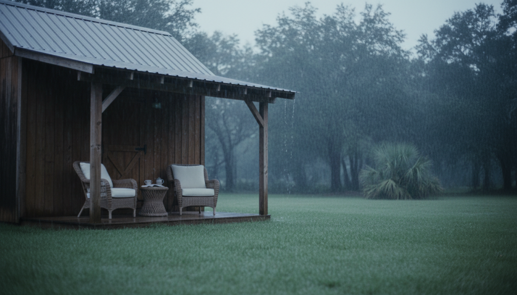 outdoor patio furniture near me under a covered cabin porch during Florida rain