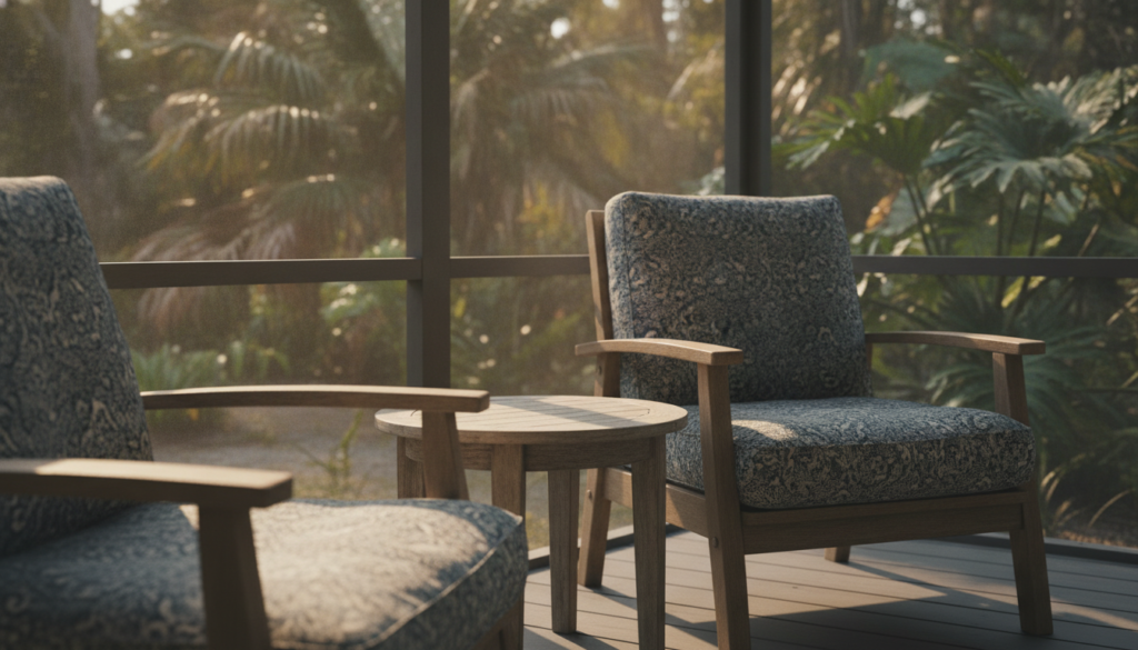 screened outdoor porch with covered seating furniture