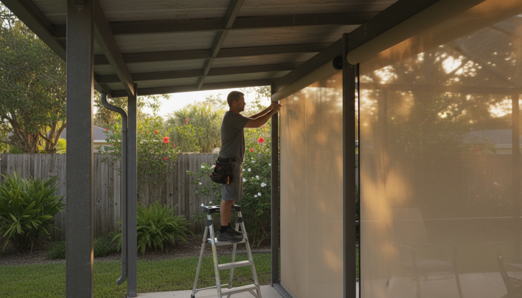 Choosing a Metal Outdoor Pergola for Florida Backyards 2 covered patio structure with metal roof panels and side screens