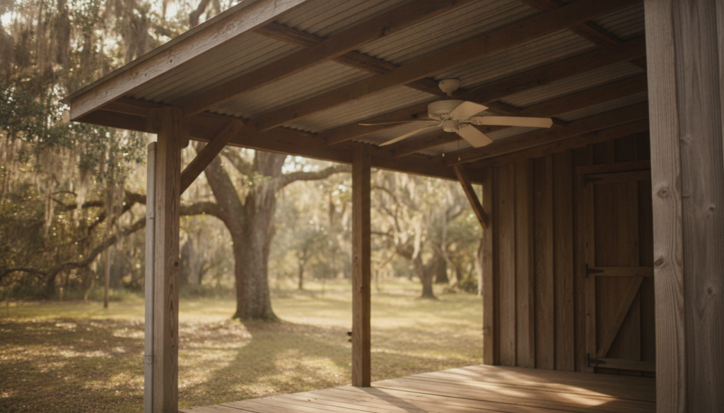 Your Guide to Outdoor Porches for Florida Backyard Living 2 metal-roofed outdoor covered area with ceiling fan on a Florida shed