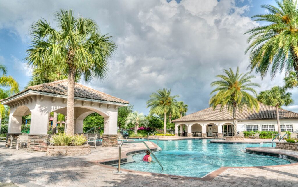outdoor covered area pavilion beside a screened pool in Central Florida