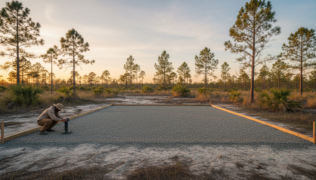 The Complete Guide to Carport Shed Combos in Florida 2 level gravel pad prepared for a carport shed combo installation