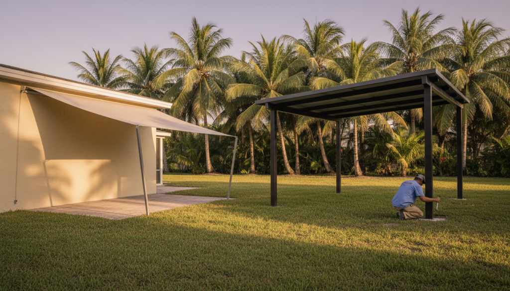 patio awnings near me comparison showing fabric awning versus steel carport in Florida backyard