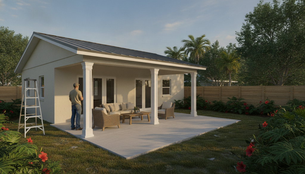 covered patio structure built by Sandalwood Sheds in a Florida backyard