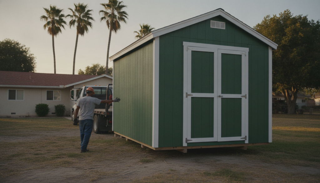 rent-to-own storage shed being delivered to an Ocala backyard