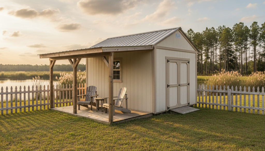 The Complete Outdoor Shed Guide for Florida Homeowners 3 outdoor shed with attached covered porch and seating area