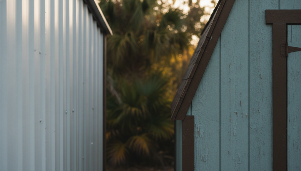 side-by-side comparison of metal versus wood shed siding in Florida climate