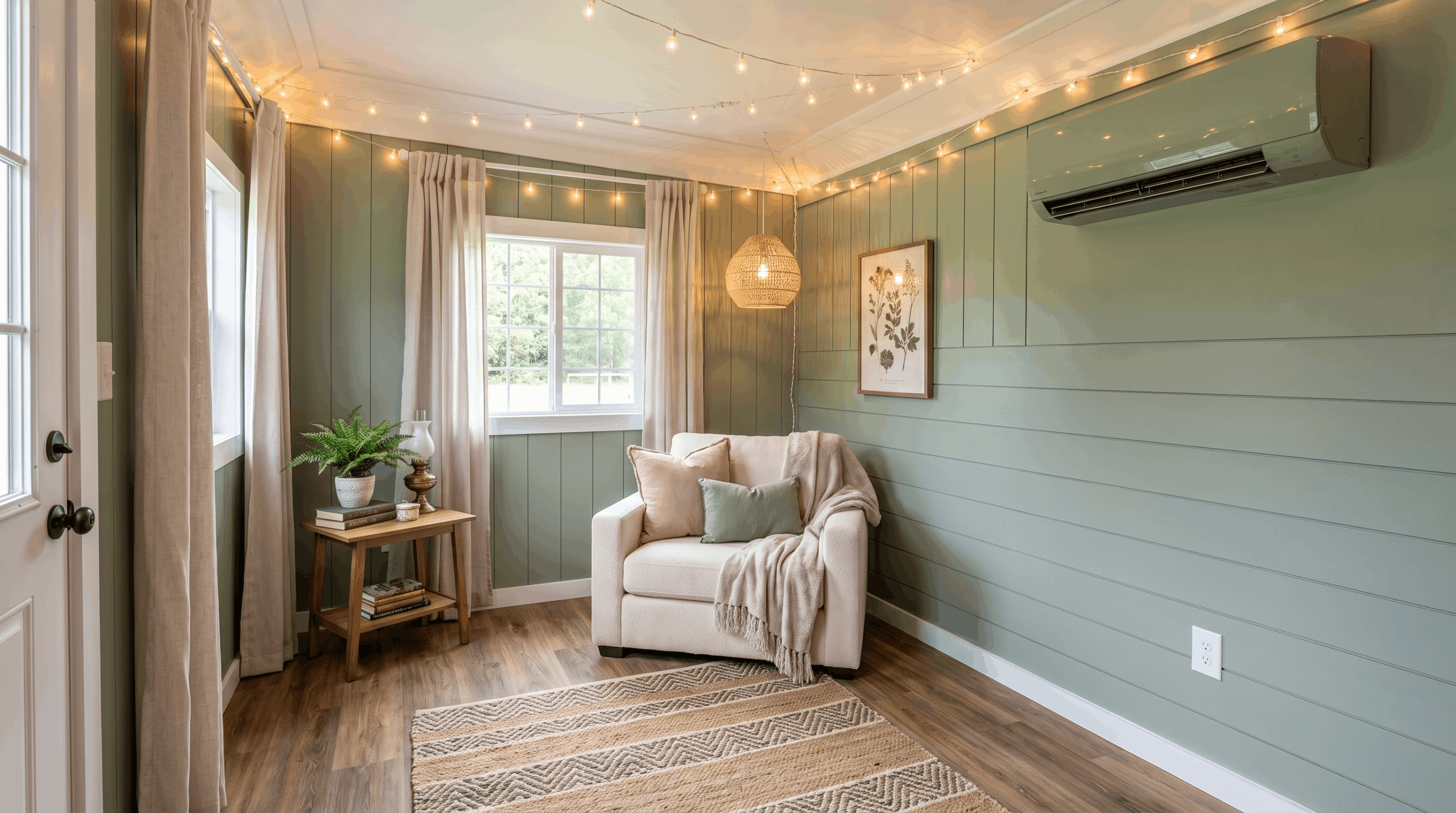 Cozy finished climate-controlled shed interior featuring sage green shiplap walls, a wall-mounted mini-split AC unit, a comfortable armchair, string lights, and warm wood flooring in Ocala, FL.