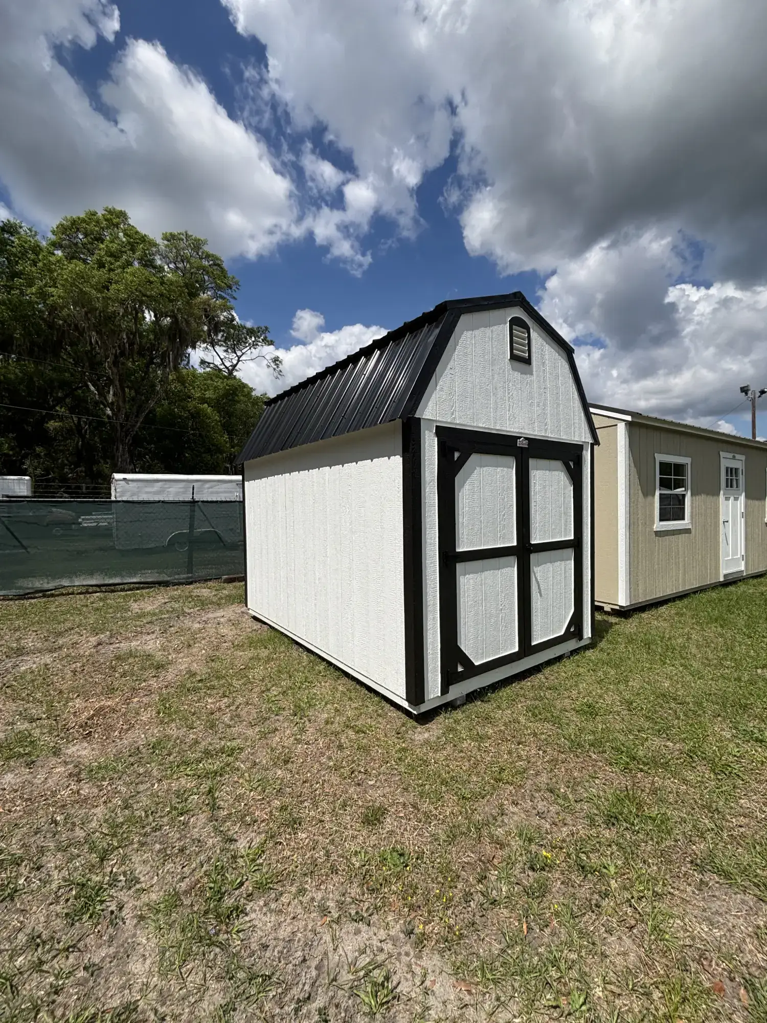 White wooden barn-style storage shed featuring black trim, a black metal gambrel roof, and double front doors sitting on a grassy yard under a blue sky in Crystal River, FL.