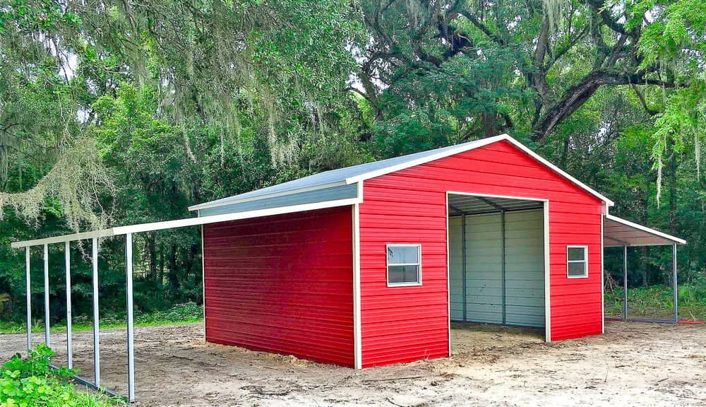 Red barn in a wooded area
