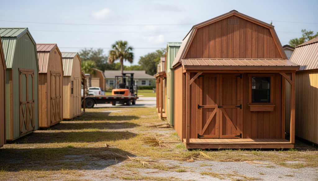 Where Can I Buy a Shed Near Me? A 2026 Florida Shopper's Guide 1 rows of storage sheds on a Florida dealer lot showing where can i buy a shed near me