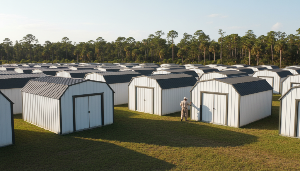 Central Florida's 2026 Guide to Quality Sheds Near Me 1 Quality sheds near me displayed in a Florida dealer lot