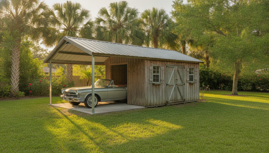 The Complete Guide to Carport Shed Combos in Florida 1 carport with shed combo unit in a Florida backyard showing open parking bay and enclosed storage side