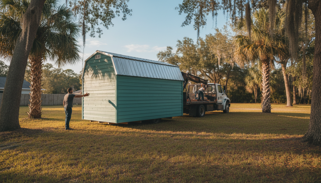 Central Florida's 2026 Guide to Quality Sheds Near Me 3 Rent-to-own storage shed being delivered to a Central Florida home