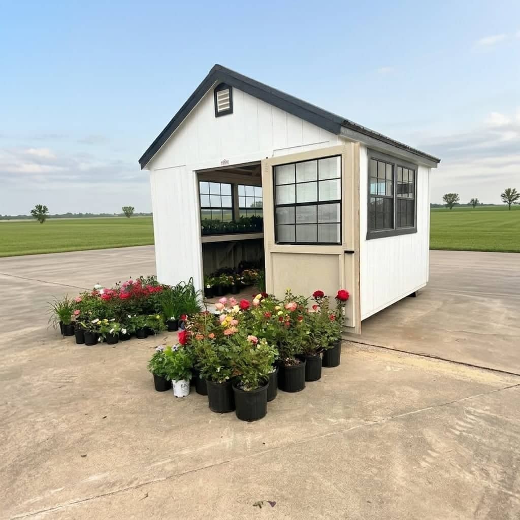 White wooden greenhouse potting shed with dark grey trim, open window-pane door, and potted flowers arranged on the concrete driveway in Mount Dora, FL.