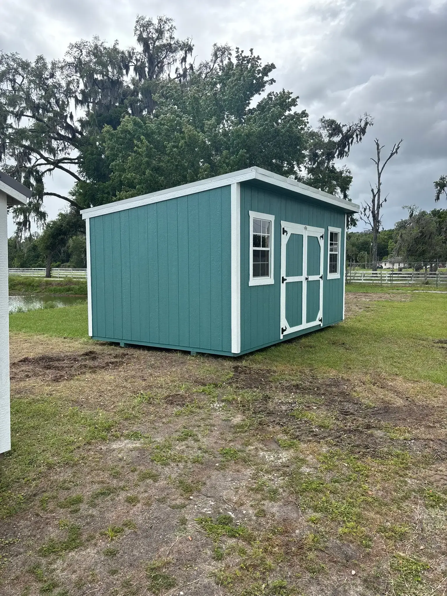 Teal shed in grassy outdoor area