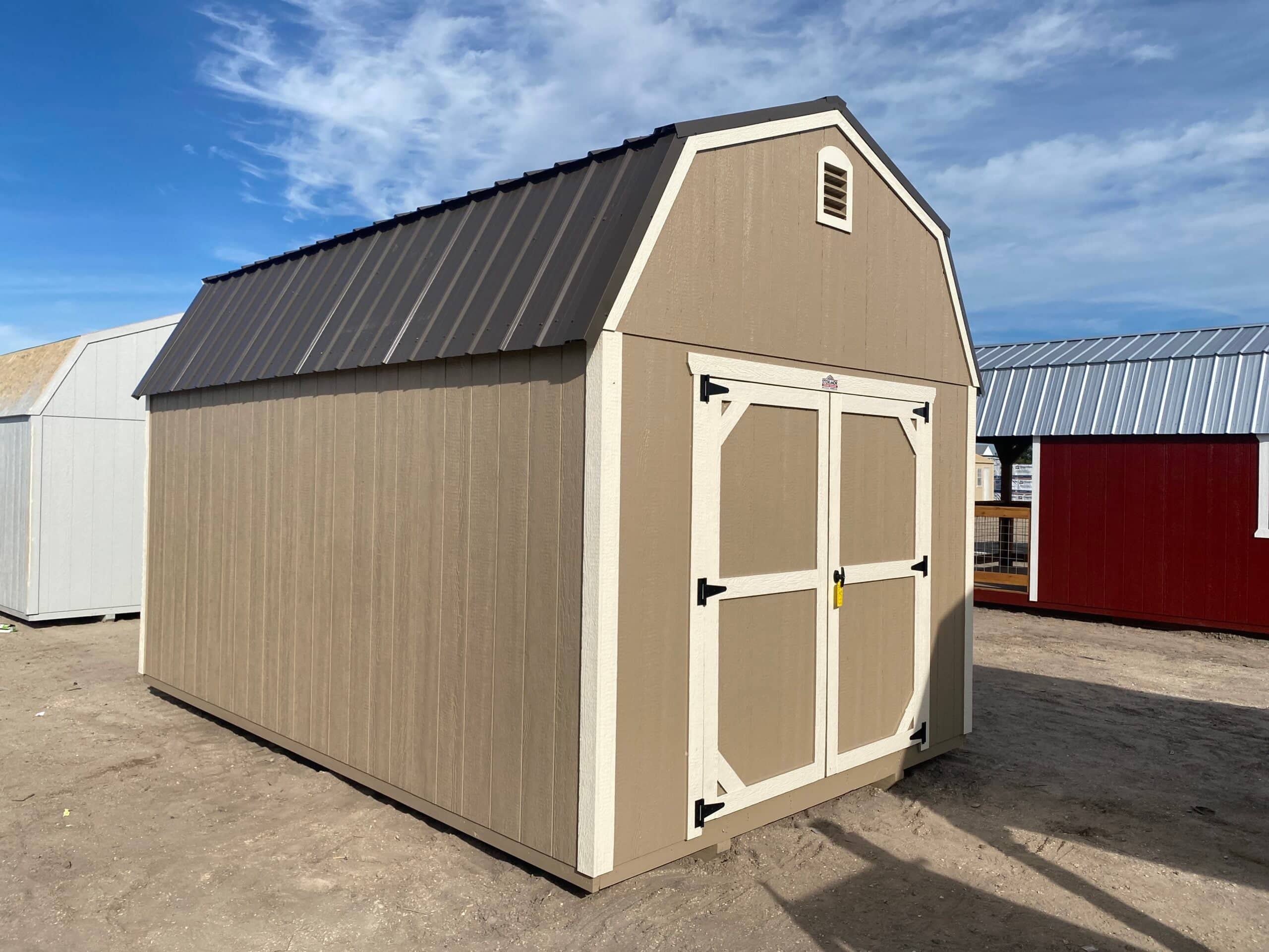 Tan shed with metal roof exterior