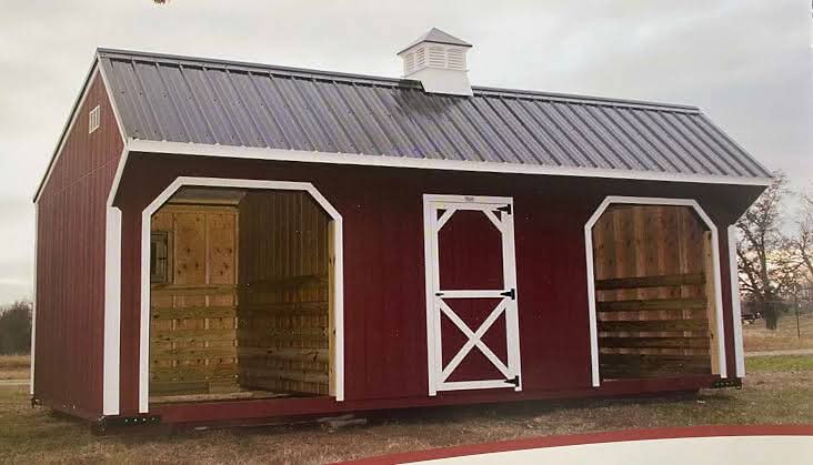 Red wooden shed with open sides